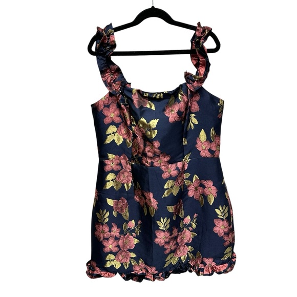Lulus Pop the Bottle Navy Blue Floral Jacquard Ruffled Mini Dress medium - Picture 3 of 10